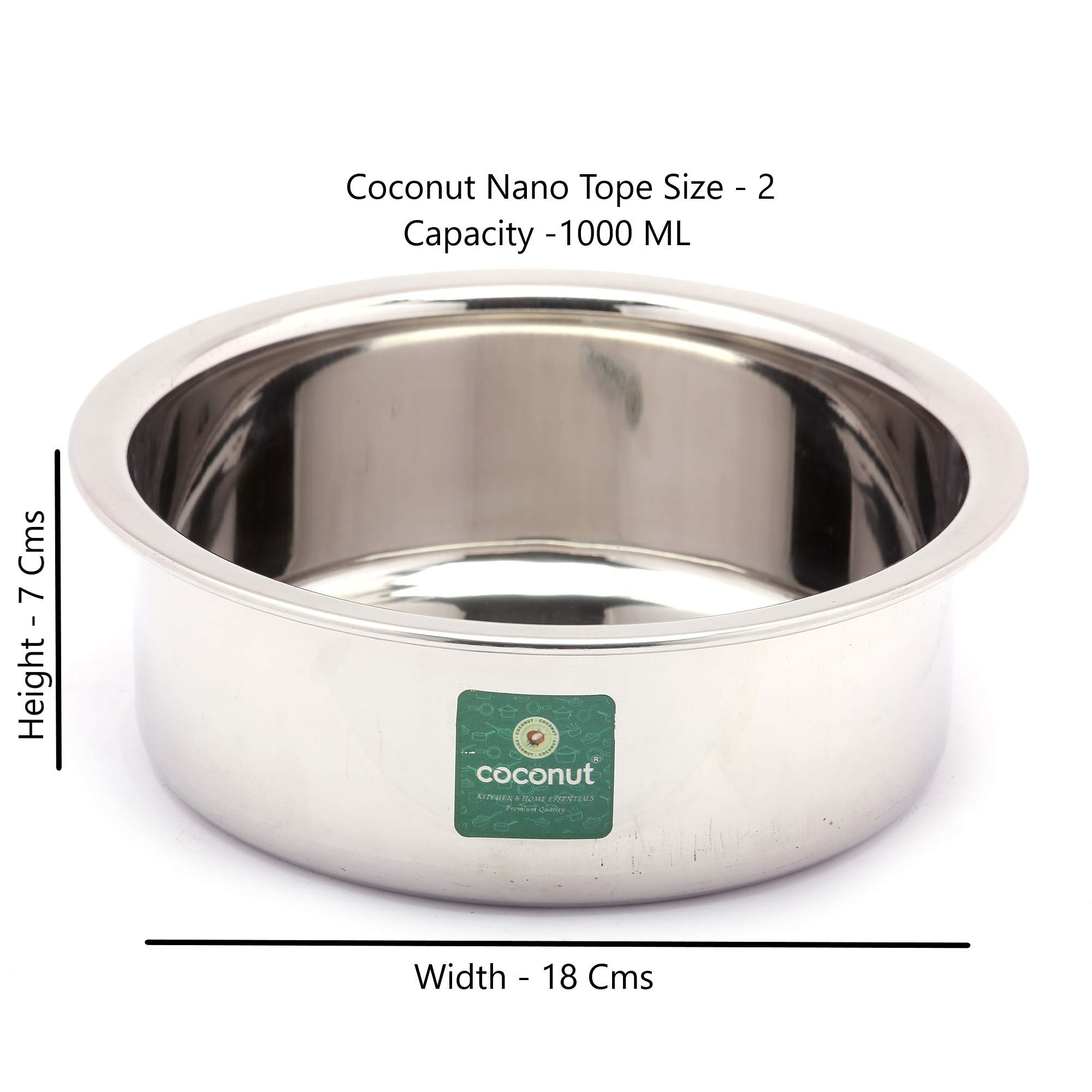 Coconut Stainless Steel (Heavy Guage) Nano Tope - Cook N Serveware-1 Unit - Capacity - 1000 ML - Image 3 thumbnail