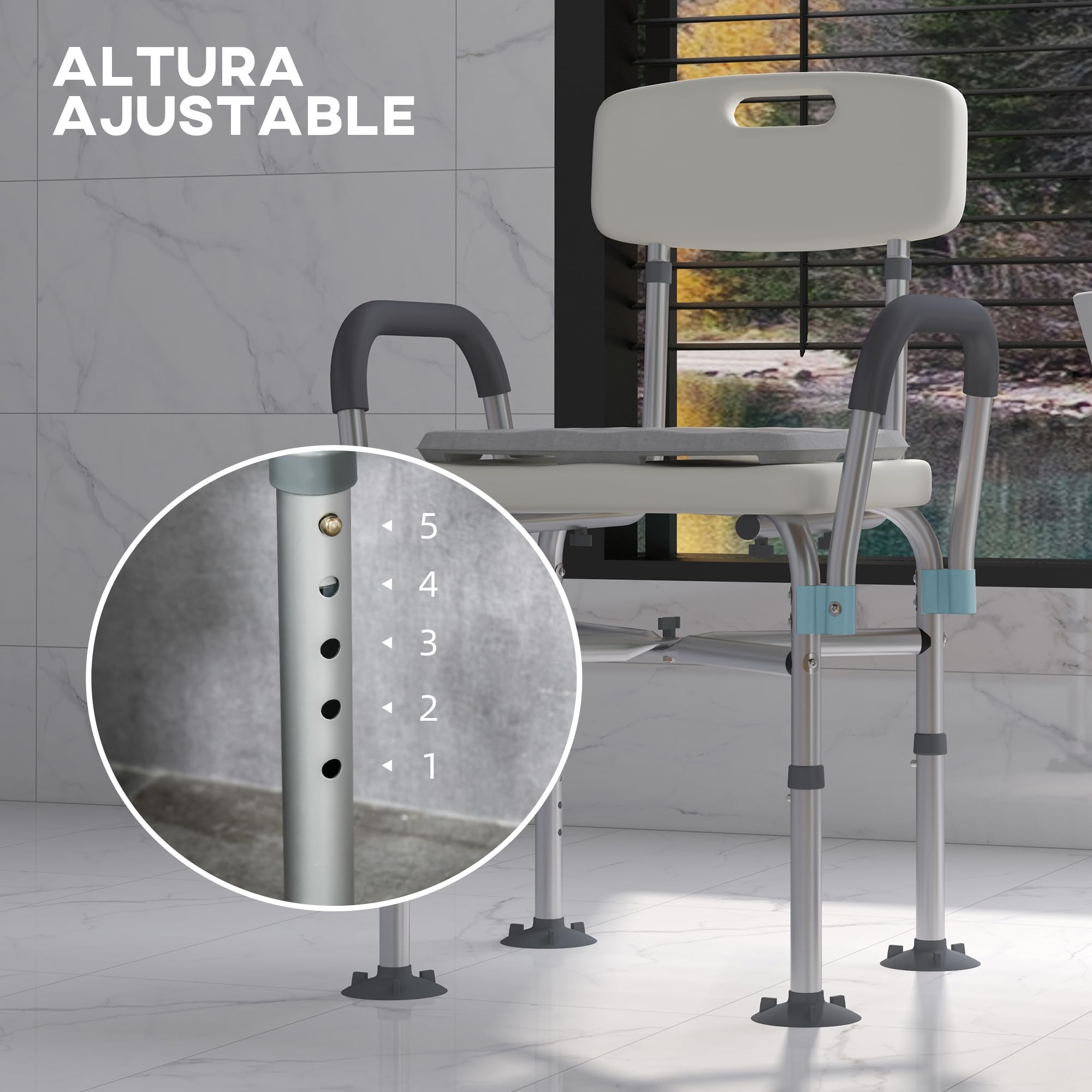 HOMCOM Silla Ducha Personas Mayores con Respaldo Antideslizante 136 kg | Silla de Ducha, Reposabrazos, Altura Ajustable, Cojín Acolchado Extraíble, para Ancianos y Discapacitados