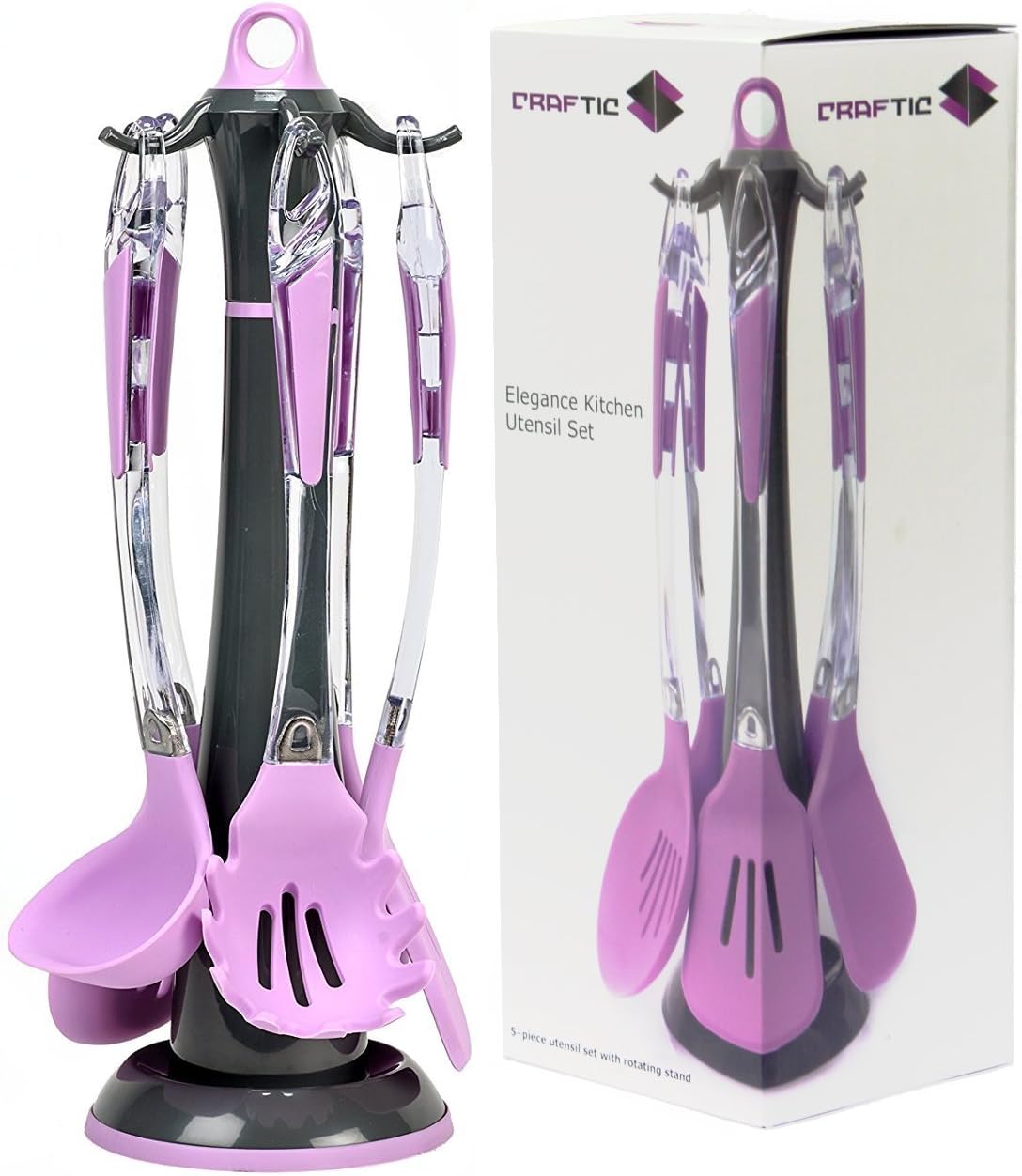 Silicone Kitchen Utensil Set w/ Rotating Stand - 5-Piece, Spaghetti Server, Soup Ladle, Slotted Spoon, Slotted Turner & Slotted Skimmer - Non-Stick, Heat-Resistant, Dishwasher-Safe - Pink