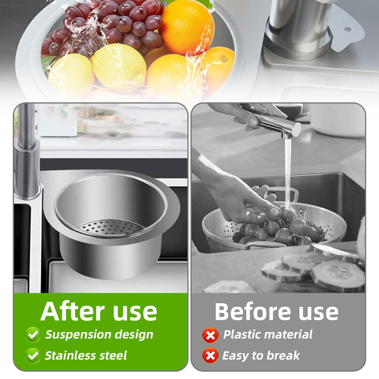 2 Stück Siebkorb Spüle Edelstahl, Multi-Functional für Spülbecken, Schwanenform Strainer Basket für Obst und Gemüse zum Filtern Küchenabfällen
