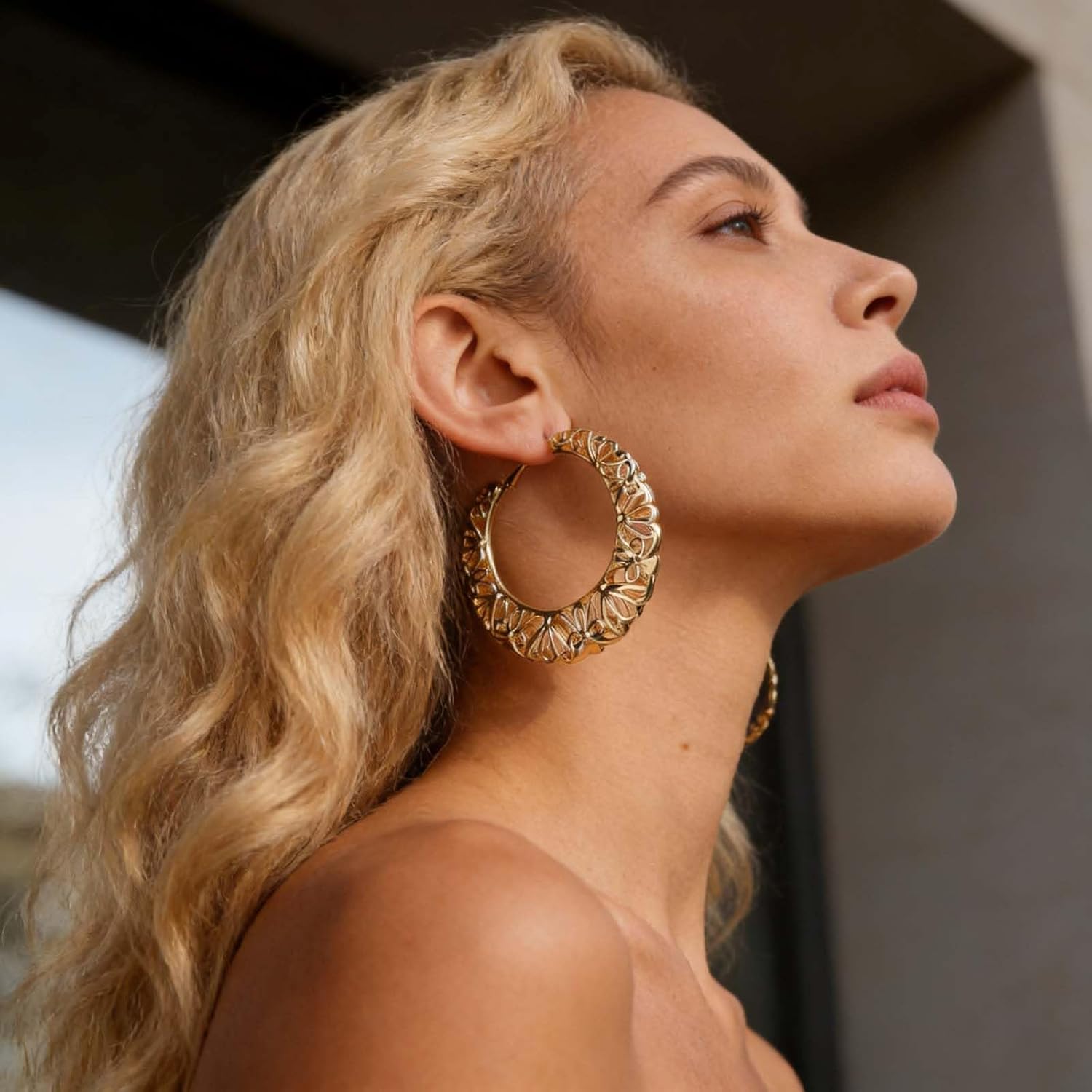 Andelaisi Boho Exaggerate Circle Earrings Vintage Pattern Circle Hoop Earrings Gold Hollow Circles Earrings Lightweight Filigree Round Earrings Jewelry for Women - Image 6