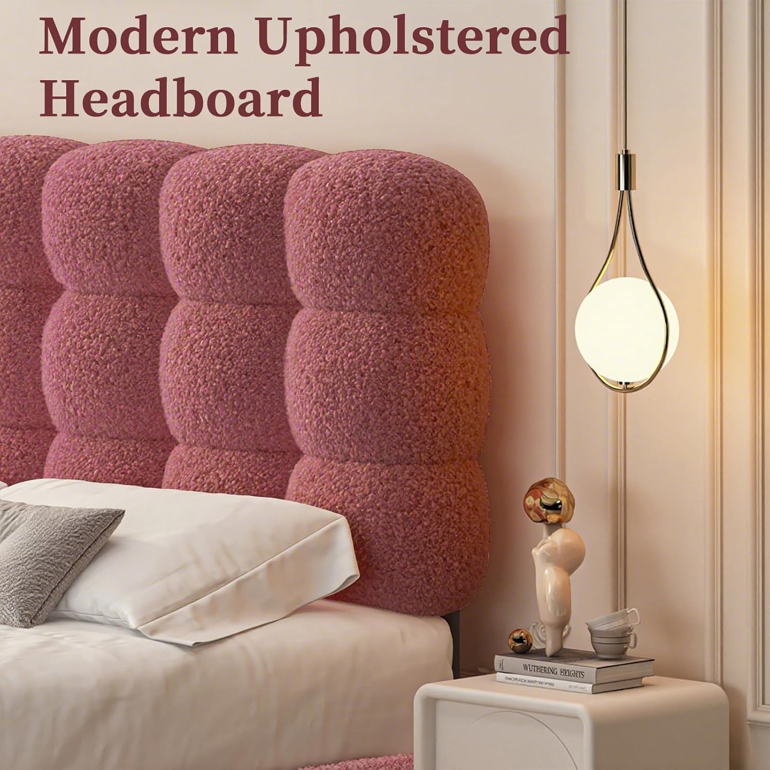 BarnFurin Queen Bed Frame with Upholstered Headboard, Boucle Bed Frame, Platform Bed with Strong Wooden Slats Support, Two Bed Forms Design, No Boxing Spring Needed, Easy Assembly, Rose