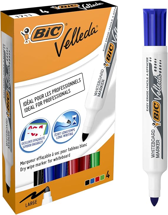 12 Feutres Pour Tableau Blanc BIC Velleda - Effaçables à Sec - Pointe Fine 2.8mm - 8 Couleurs Vives - Lot Avec 4 Couleurs Supplémentaires