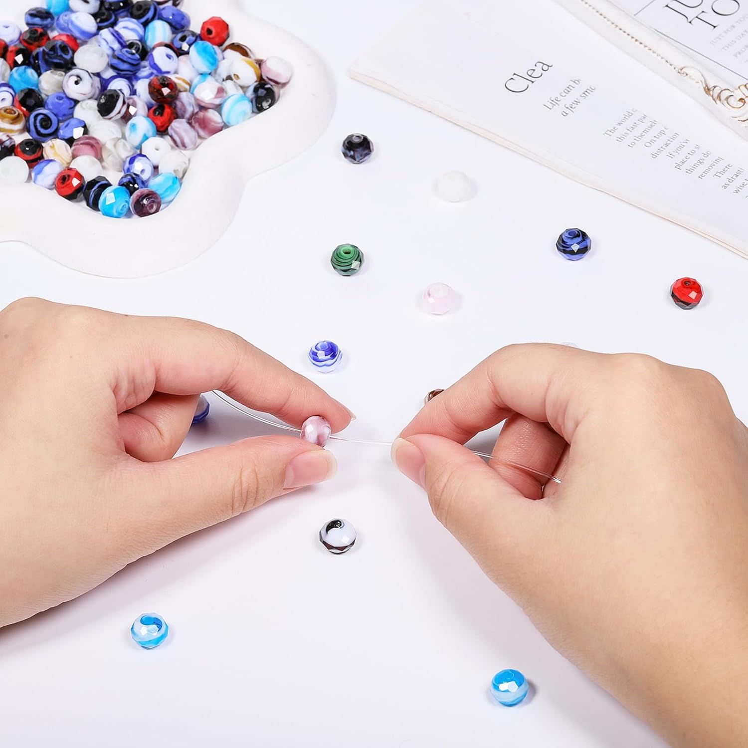 7.5×10mm 50pcs White Pink Flower Faceted Lampwork Glass Beads for Jewelry Making, Flat Round Handmade Murano Beads for Bracelets, Crafts, Friendship Bracelet Kit, Rosary Making - Image 2