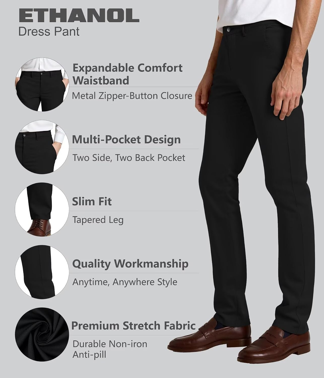 ETHANOL Mens Work Casual Comfort Fit Tech Stretch Slim Performance Wrinkle Resistant Dress Pants