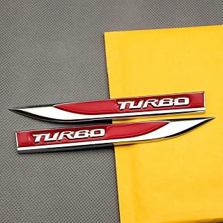 Pair Set Turbo Logo Emblem Right and Left Side Fender Badge Metal Sticker Sport Decal (Chrome Red)