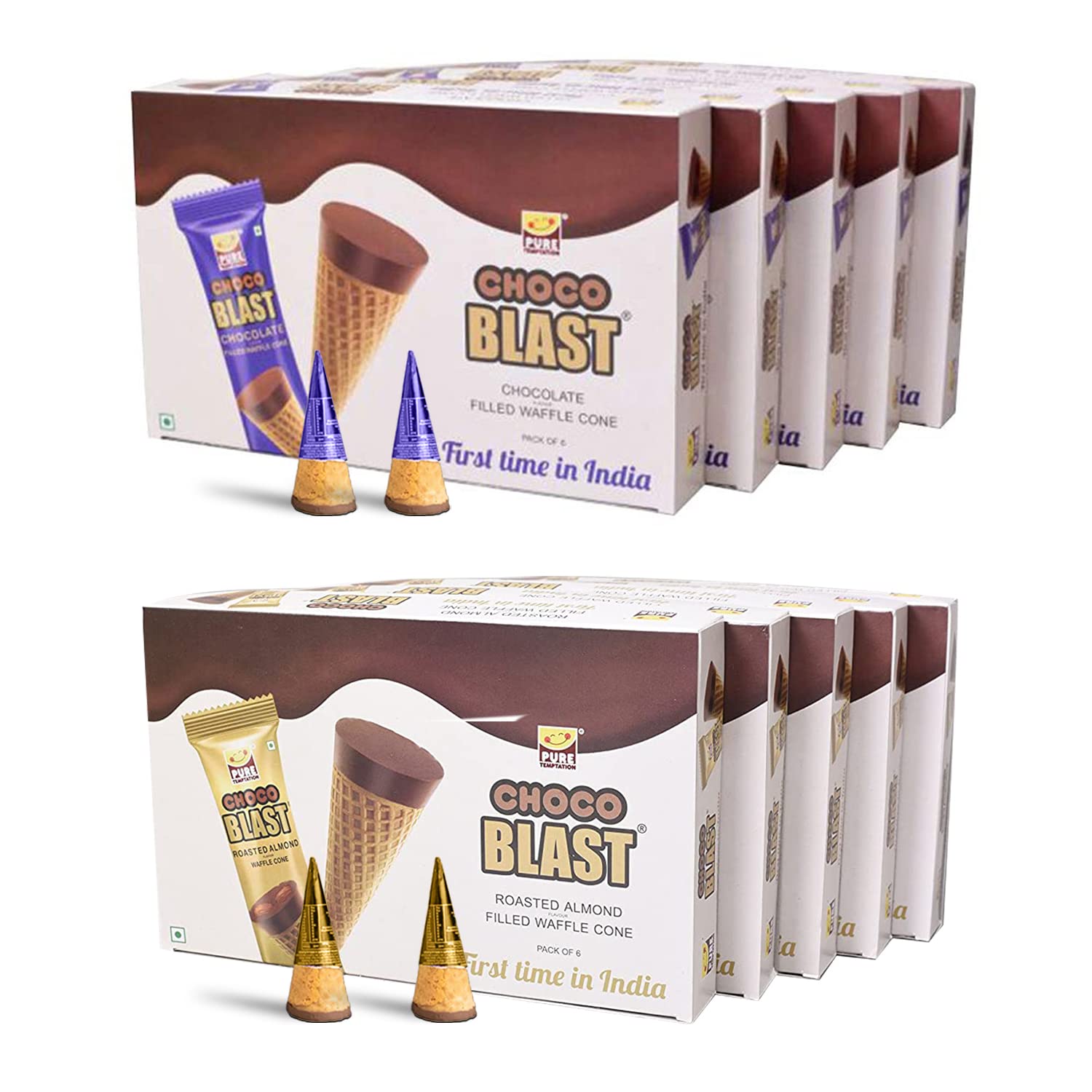 Pure Temptation ChocoBlast Premium Delicious Chocolate Flavoured Choco Fills Waffle Cones - Chocolate Gift Box - Pack of 10 (Chocolate Pack of 5 + Almond Pack of 5) (Each Box Contains 6 Pcs) (B07D91RQ2F) Amazon Price History, Amazon Price Tracker