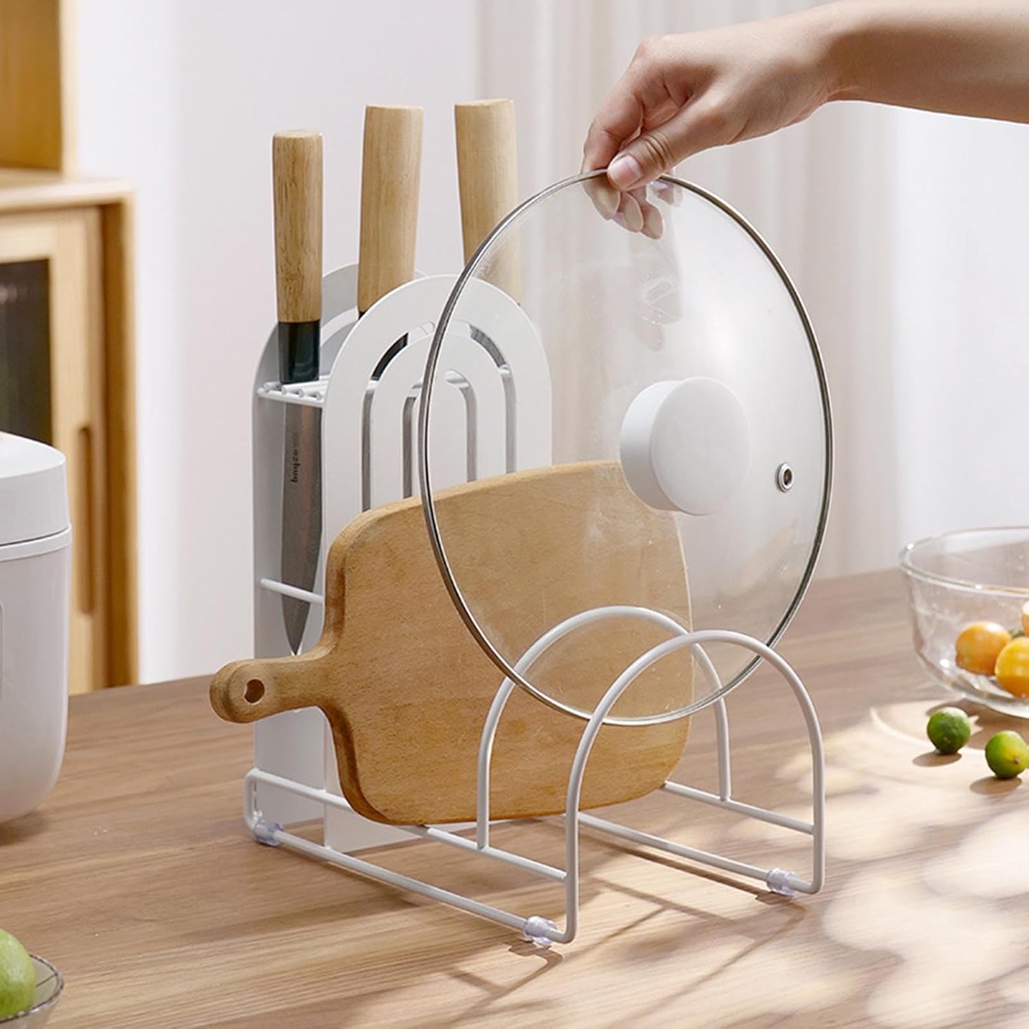 Stainless Steel Lid Cutting Board Holder Metal Freestanding Stand for Home Kitchen Countertop Knives Tableware