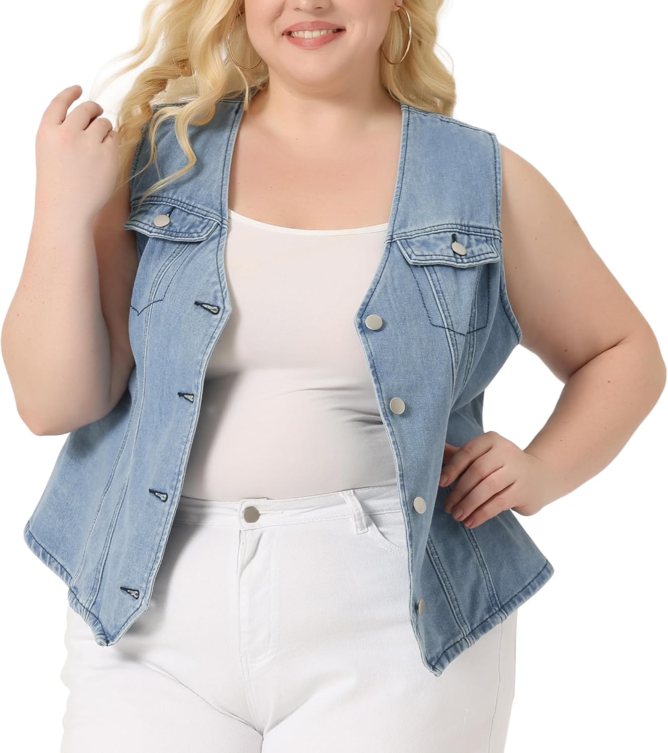 Agnes Orinda Plus Size Denim Vests for Women V Neck Sleeveless Utility Jean Jacket Vests - Image 2