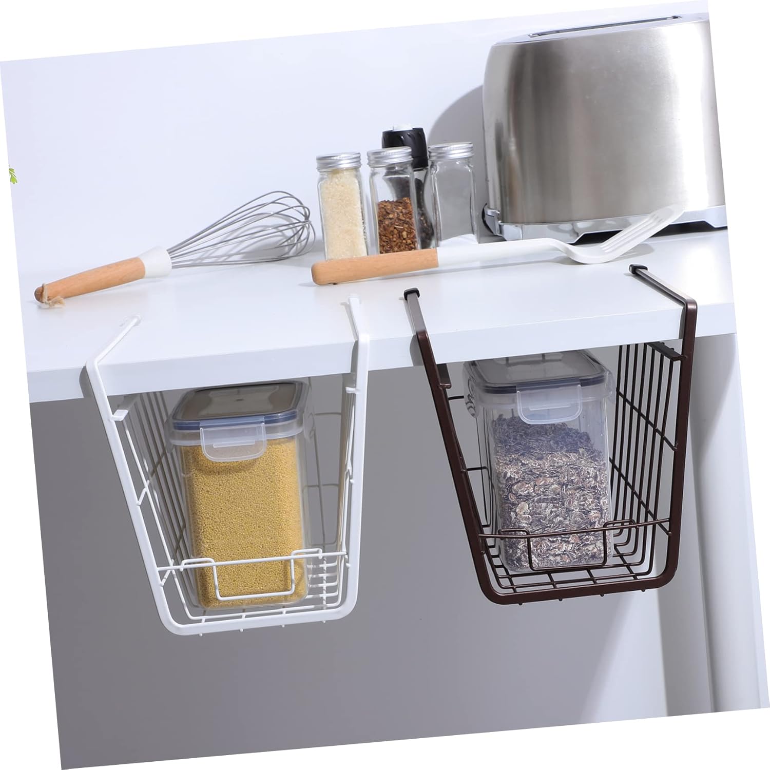 2 Pcs Hanging Under Shelf Storage Baskets Iron Wire Rust Organizers for Kitchen Pantry Bathroom Cabinets Space Saving Storage for Bowls Towels Stationery