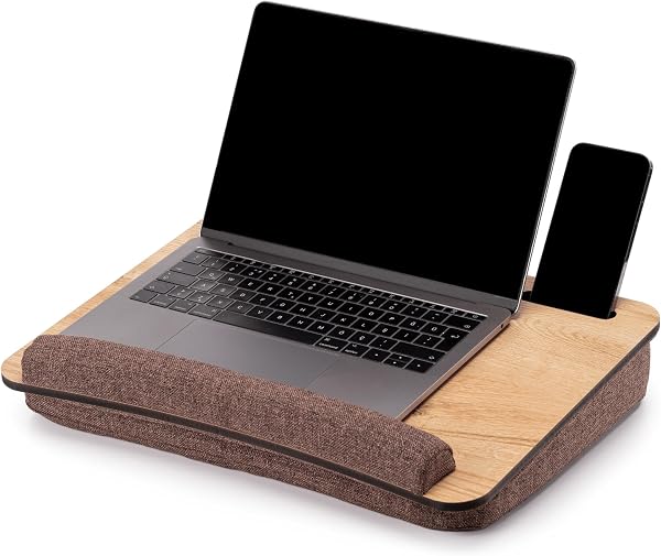 Vigo Wood Drewniana Taca na Laptopa 15,6” z Poduszką, Biurko na Kolana z Uchwytami na Tablet i Telefon, Idealne do Łóżk