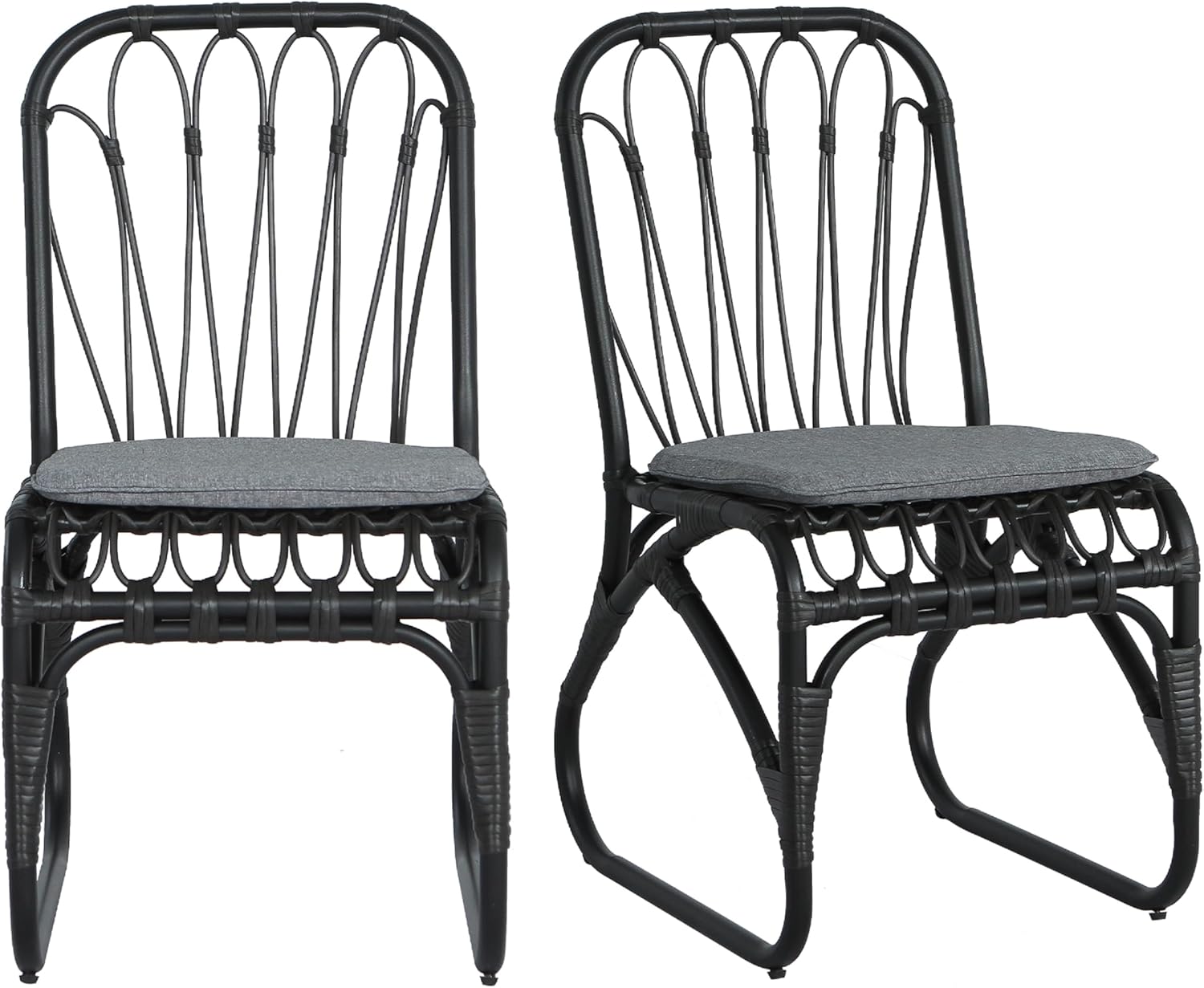 Christopher Knight Home Set of 2 Busby Patio PE Wicker Dining Chairs, Outdoor Woven Rattan Accent Chair with Iron Frame+Cushion, Fully Assembled Lounge Chair Outdoor for Garden/Balcony, Black+Grey