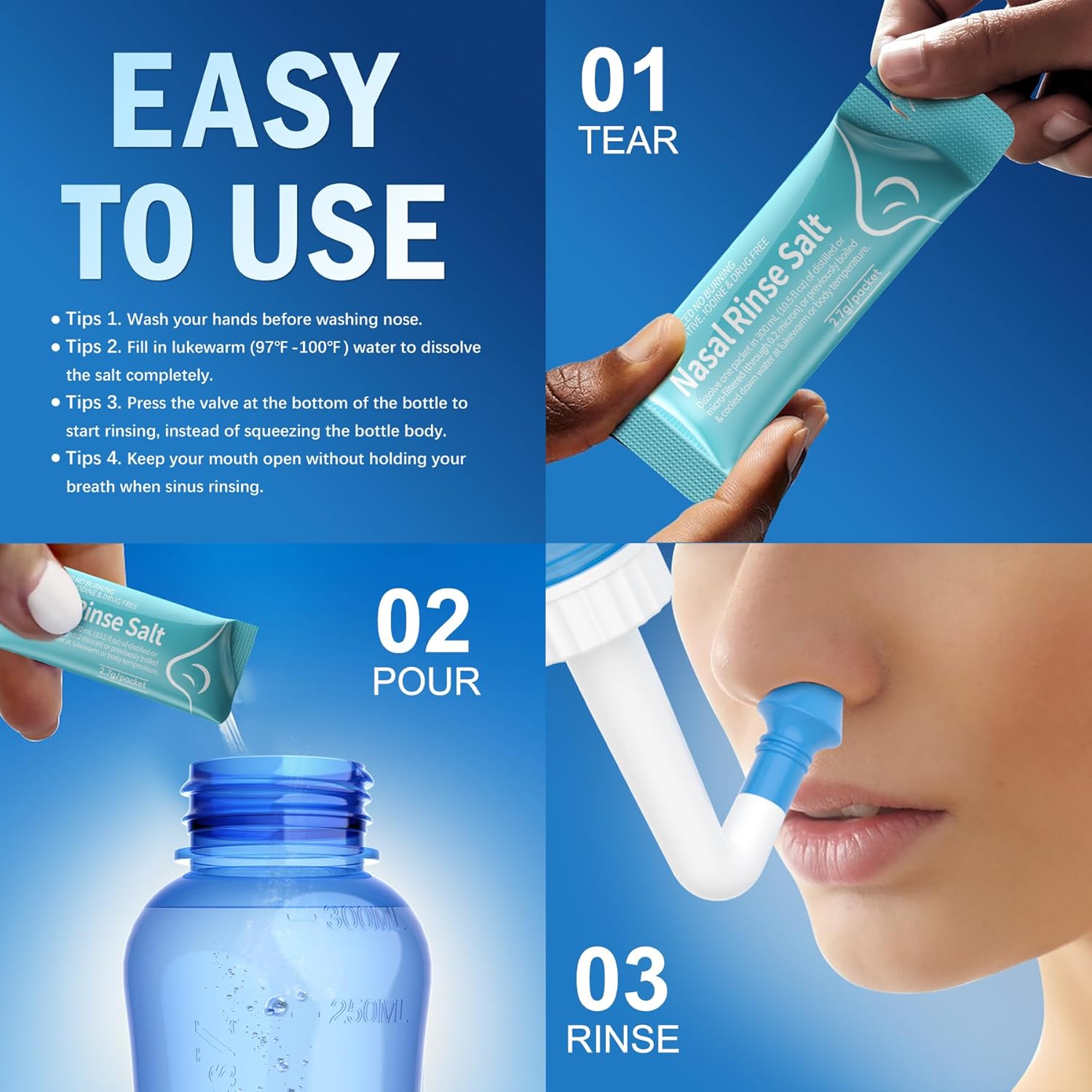 Nasal Irrigation System, Cordless Nasal Rinse Machine for Sinus Relief & Nasal Care, Electric Neti Pot with 6 Tips and 140 Salt Packs Nasal Irrigation Sinus Rinse System Kit for Adult & Kid