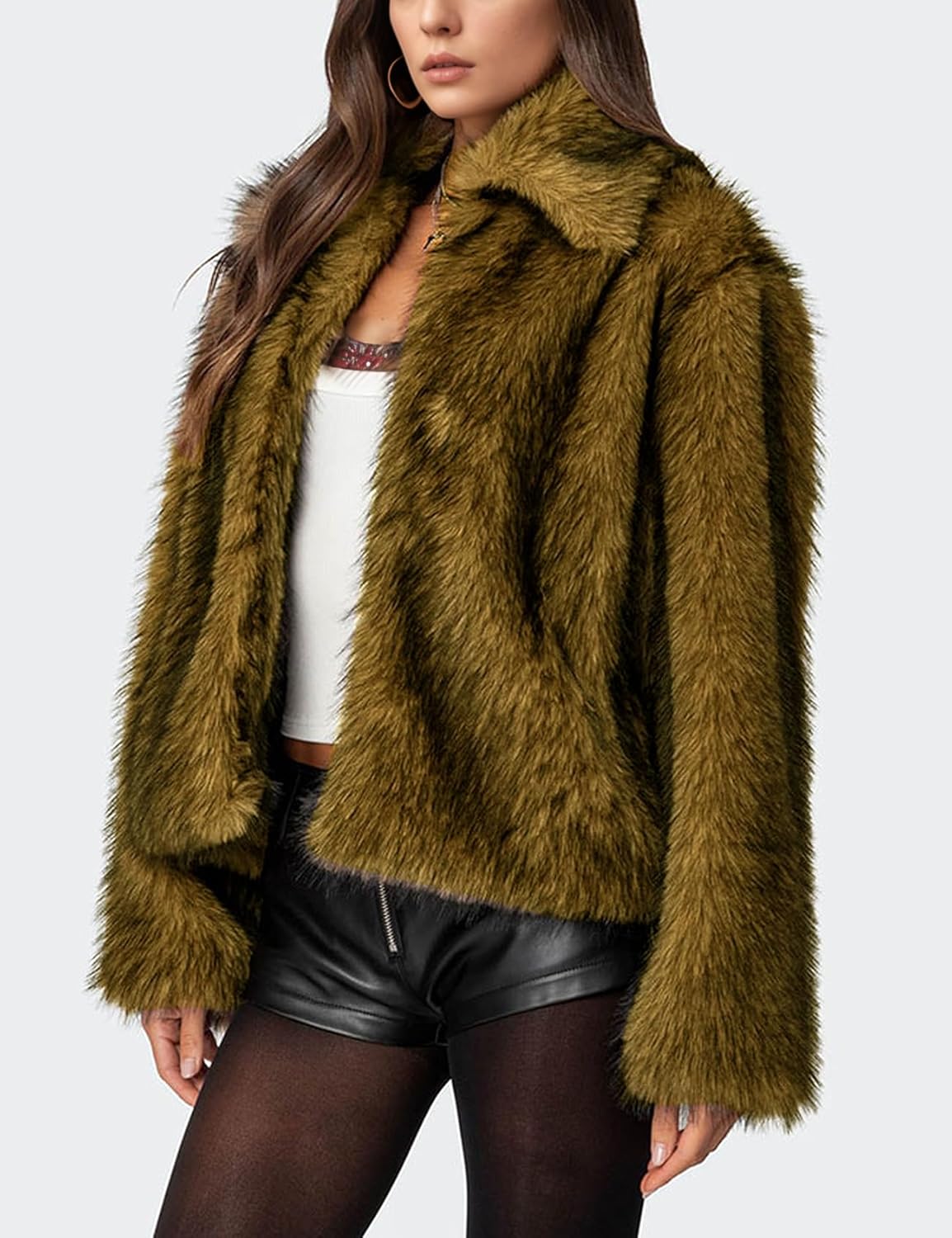 Wyeysyt Womens Faux Fur Coat Cropped Lapel Fur Jacket Fluffy Open Front Fuzzy Winter Short Coat Outerwear - Image 4