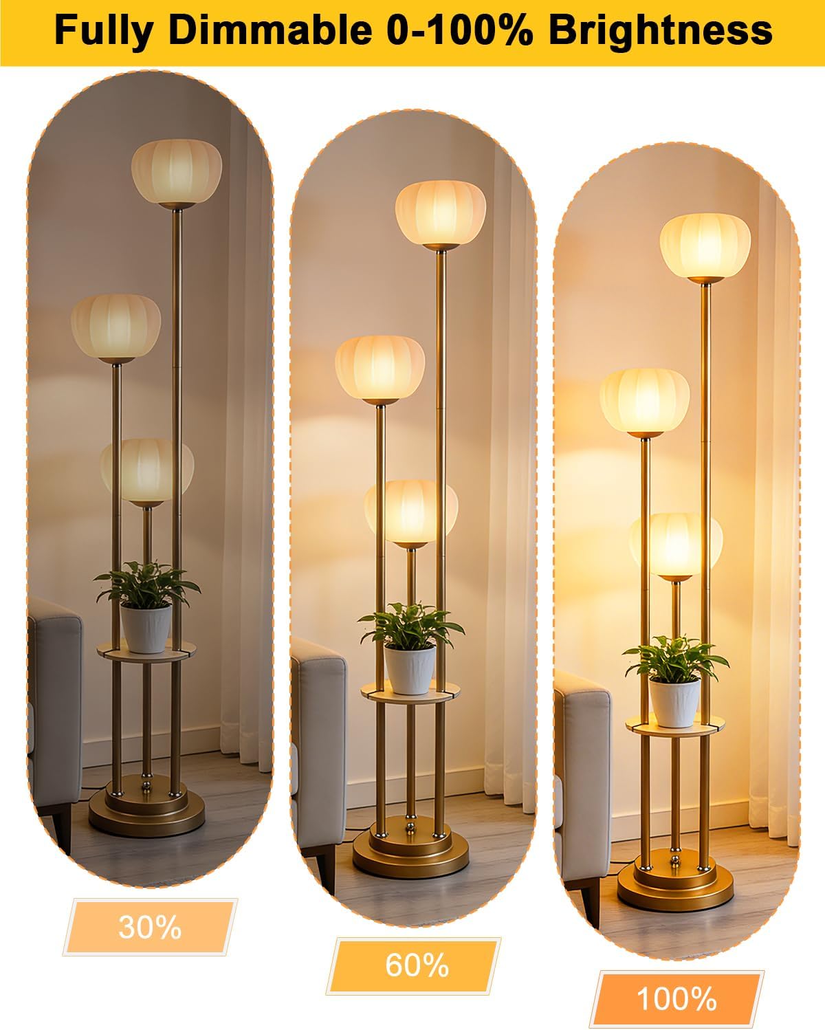 Lightdot Gold Dimmable Floor Lamp with Table, Mid Century Modern Floor Lamps with Pumpkin Lampshade & Bulbs, 3-Light Tall Standing Lamp for Living Room/Bedroom/Sofa Beside/Corner Decor