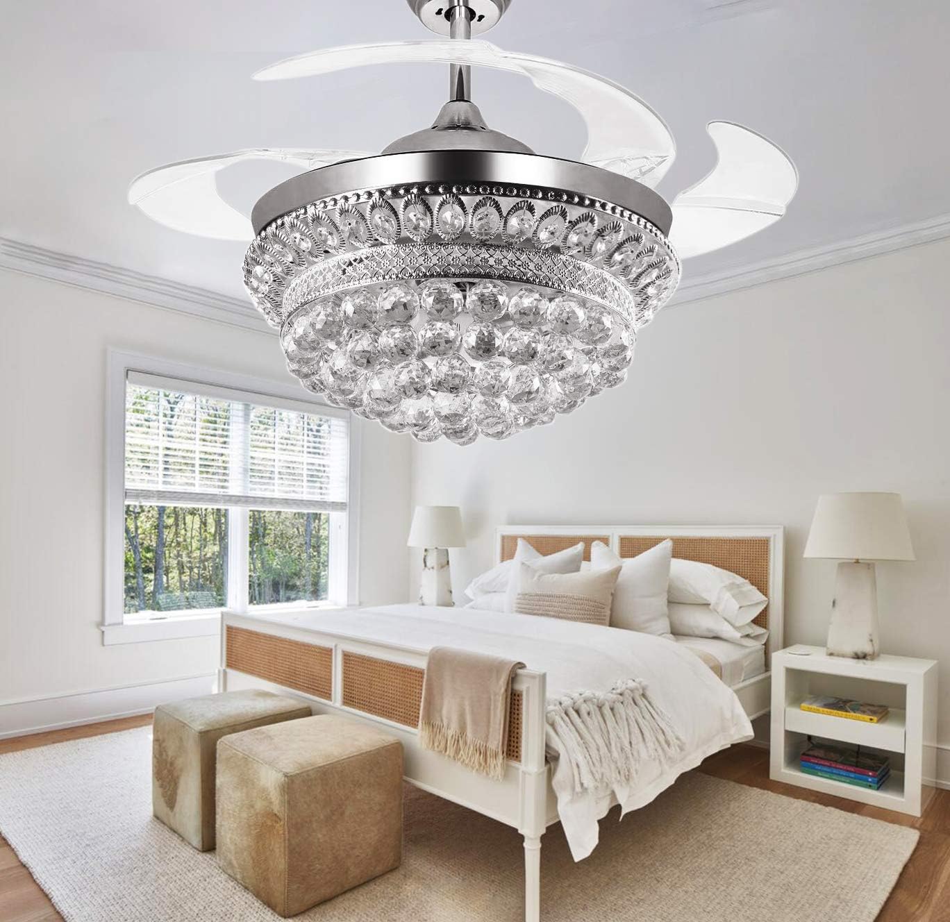 Weekly Top Sale Crystal Chandelier Fandelier Chrome Ceiling Fan 42 Inch with Retractable invisible Blades and 3 Changing LED Light Color Ceiling Fan Light for Indoor, Living Room, Dining Room, Bedroom