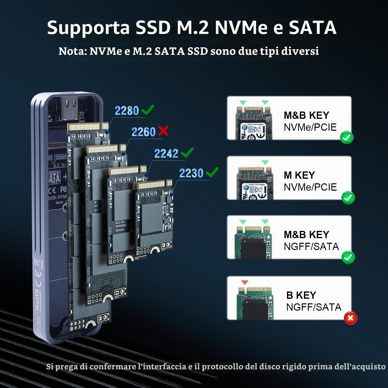 VCOM Enclosure SSD con crittografia delle impronte digitali con schermo LCD, custodia per disco rigido USB 3.2 Gen2 da 10 Gbps, supporto M.2 NVMe e SATA SSD, unità esterna crittografata hardware per