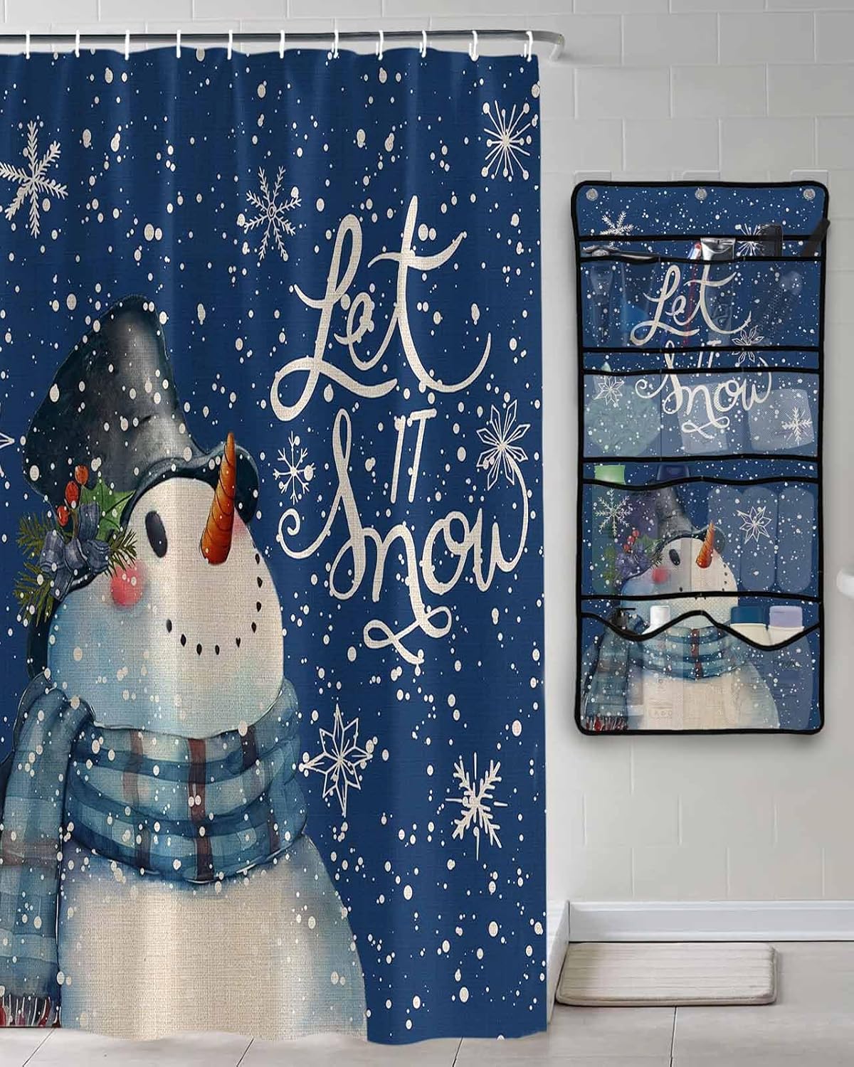 Shower Curtain Mesh Shower Organizer Hanging Set Navy Blue Christmas Snowman Snowflake Watercolor Waterproof Shower Curtains with 10