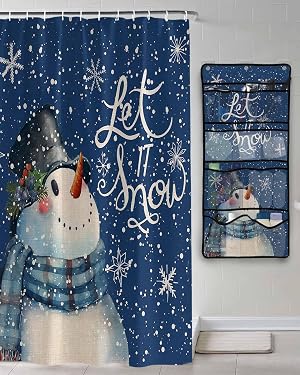 Shower Curtain Mesh Shower Organizer Hanging Set Navy Blue Christmas Snowman Snowflake Watercolor Waterproof Shower Curtains with 10