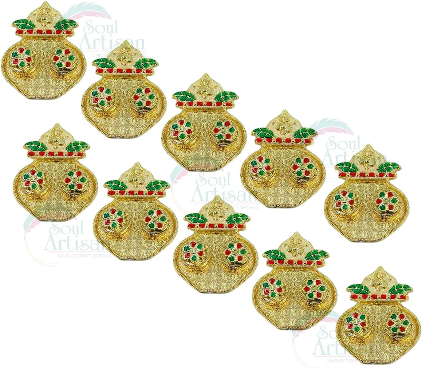 Kumbam Double Kumkuma Holder Chimil Box - Plastic Golden Metallic Color(Pack of 10) - Decorative Art Design Tilak Daani, Sindoor for Women Return Gift, Diwali, Weddings, Pooja