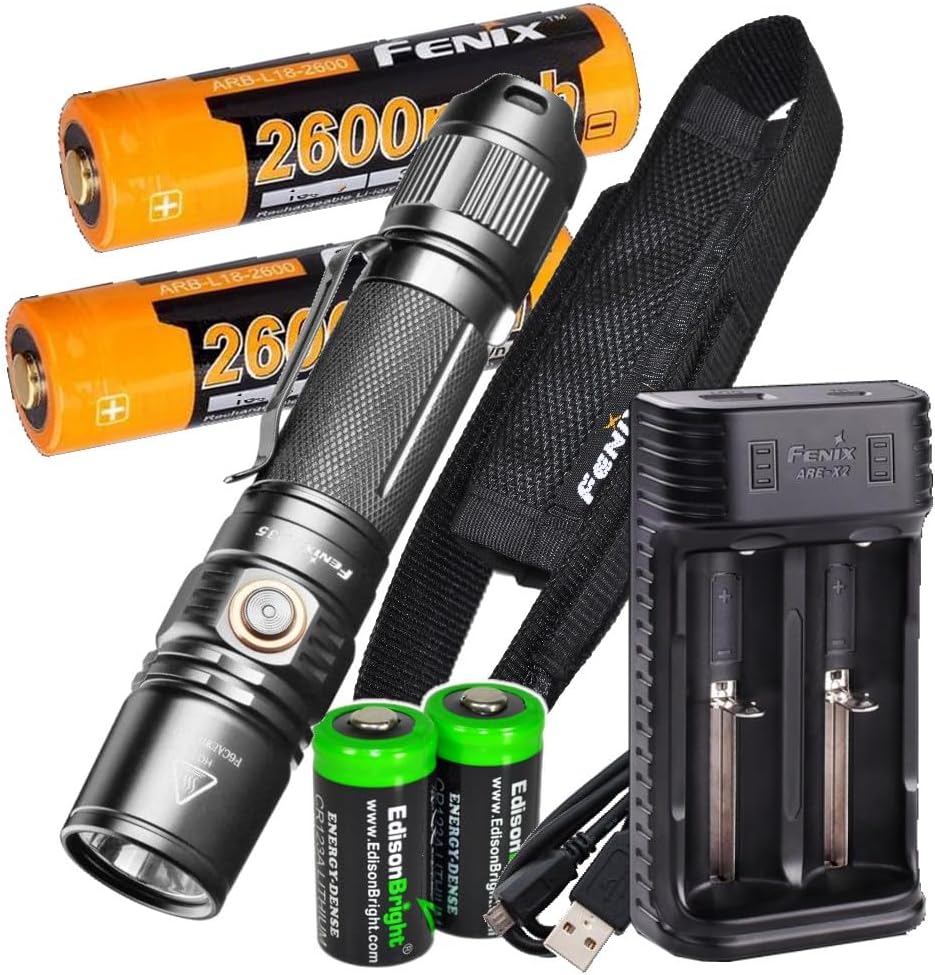 Fenix PD35 V2.0 1000 Lumen Tactical Flashlight with 2 X Rechargeable Batteries, are-X2 Charger and 2 X EdisonBright CR123A Batteries