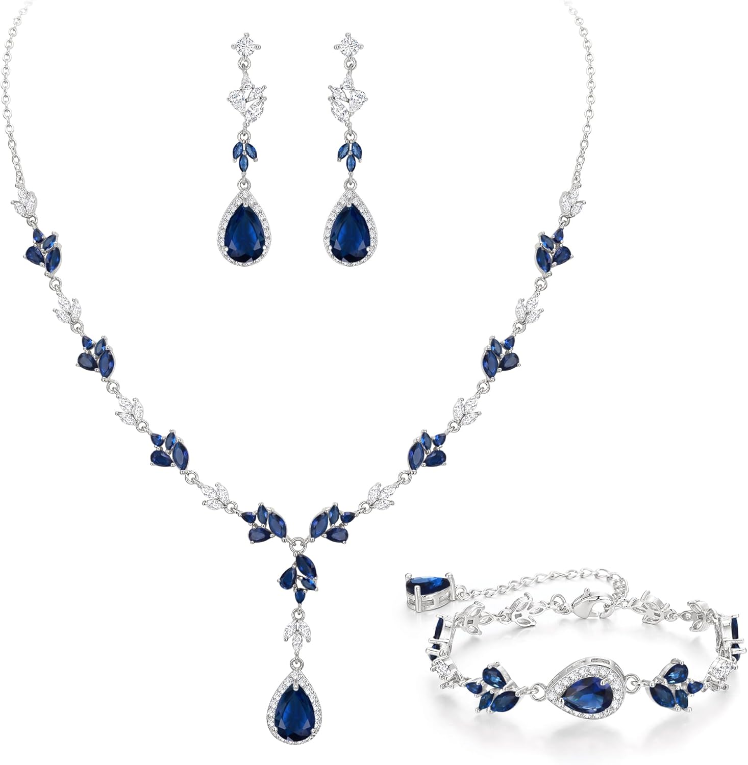 Crysdue Teardrop Bridal Jewelry Set for Wedding Party, Silver/14K/Rose Gold Plated Prom Costume Jewellery for Bride Bridesmaids Women, Cubic Zirconia Necklace Dangle Earrings Bracelet