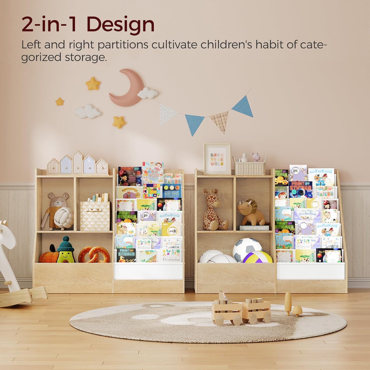 39.4" Kids Bookshelf and Toy Storage, 7 Layer Kids Book Sling Shelf, Toddler Bookshelf, Kids Bookcase, Toy Organizer Cabinet, Large, for Playroom, Bedroom, Nursery, Natural BKNW7301