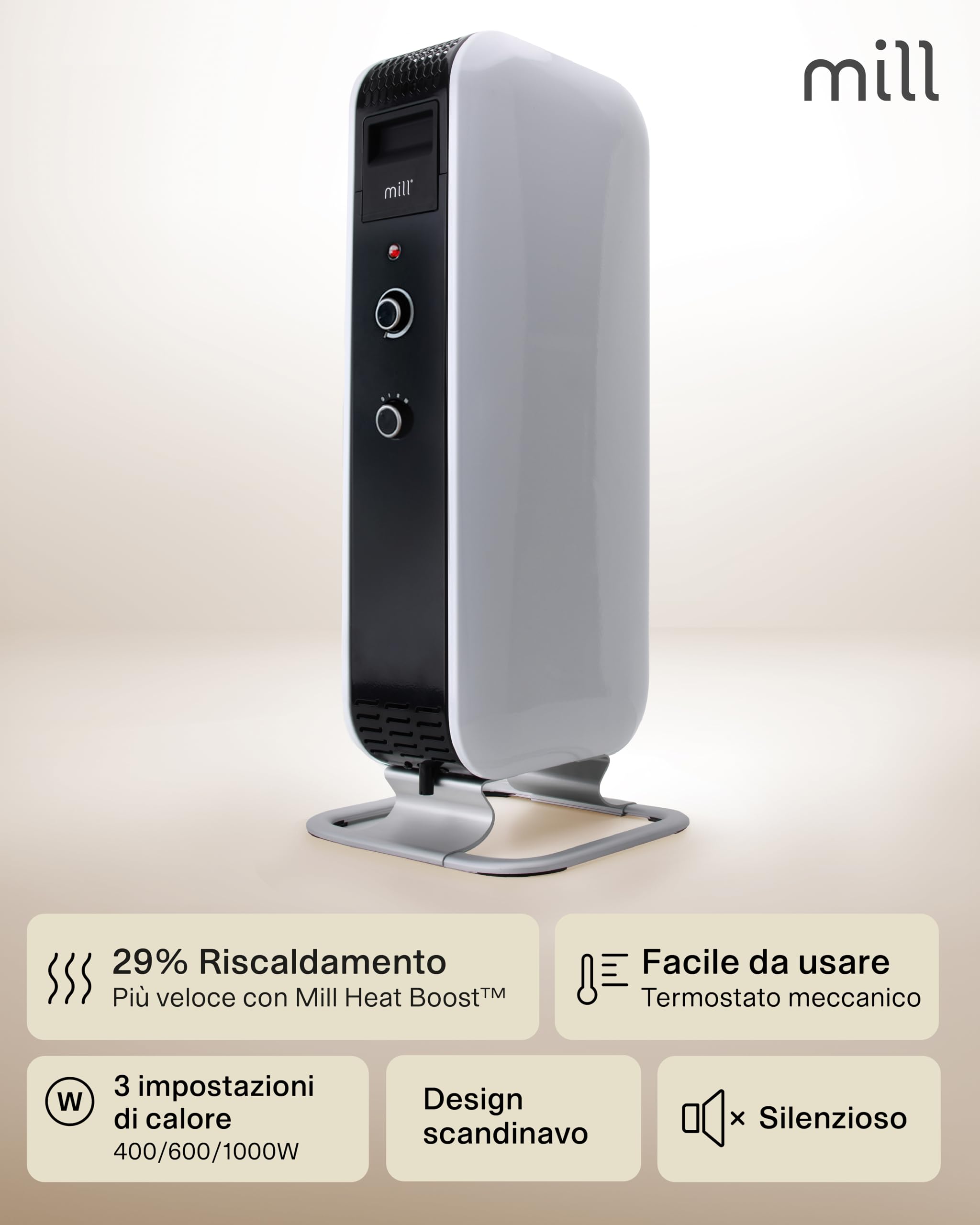 Mill radiatore al olio Norvegese Mill Gentle AIR AB-H1000MEC, 1000W, riscalda ambienti fino a 21mq. (Bianco, 12-16 m² - MEC)