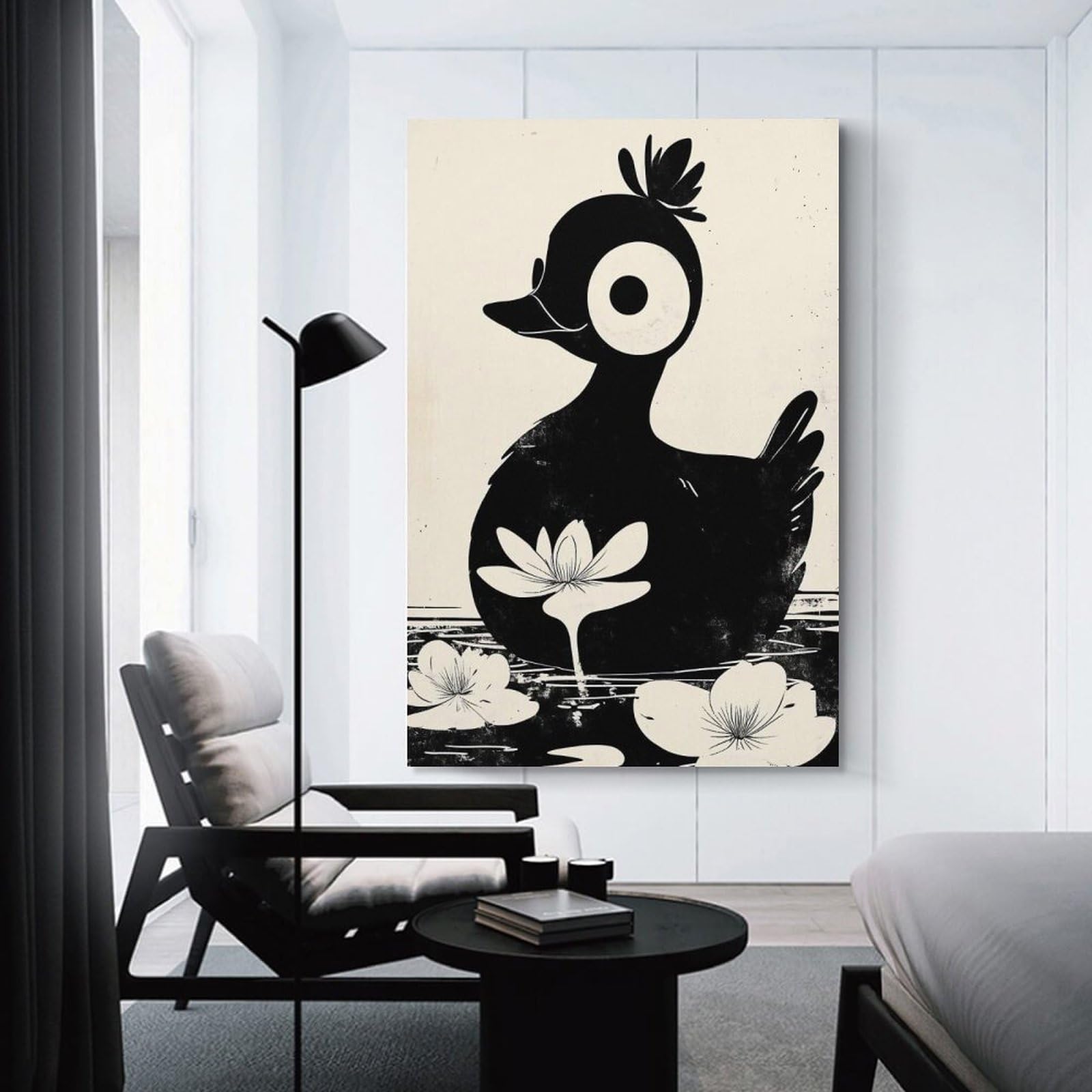 Junmoney Black And White Duck Illustration Canvas Wall Decor 20x30inch(50x75cm), for Home Lounge, Bedroom Or Reading Nook, A Home Accent with Warm Character