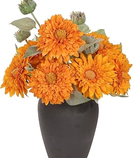 5Pcs Fake Sunflowers Flowers Long Stems Faux Sunflower Flowers Artificial Silk Bouquet for Wedding Autumn Home Garden Birthday Party Kitchen Table Decor (Orange Yellow)