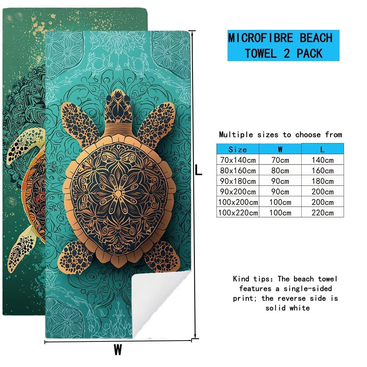 Telo Mare Microfibra, Telo Mare Grande 90x200cm 2 Pezzi, Asciugamano Palestra Donna Asciugatura Rapida, Antisabbia Asciugamano Microfibra, Leggero Asciugamani Palestra per Regalo (Tartaruga) -4556