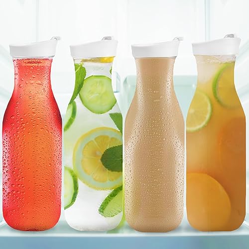 Miniatura 5 de DilaBee Jarra de agua de plástico con tapa, jarra redonda para bebidas, leche, batidos, té helado, barra de mimosa, sin BPA, no apta para