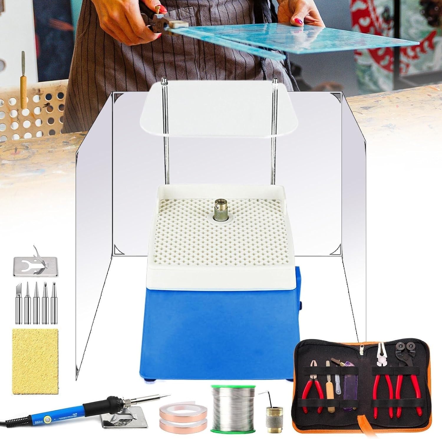 Stained Glass Kit, Mosaic and Stained Glass Starter Kit, includes Grinder with 2 Grinder Heads, Glass Cutter Tool Kit, Soldering Iron Kit, Bezel and Consumables, Professional Edition