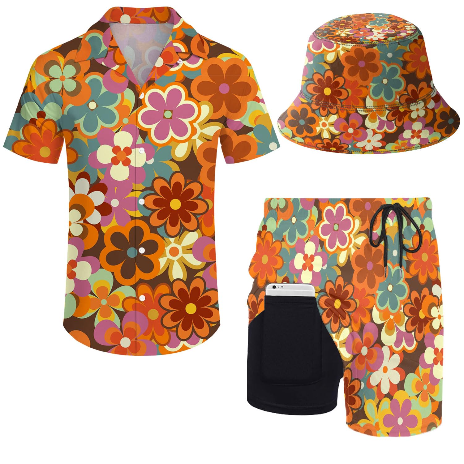 ZePinger Set with Shirt and Shorts for Men, with Bob Hat, 80s and 90s Theme, L โ image 1