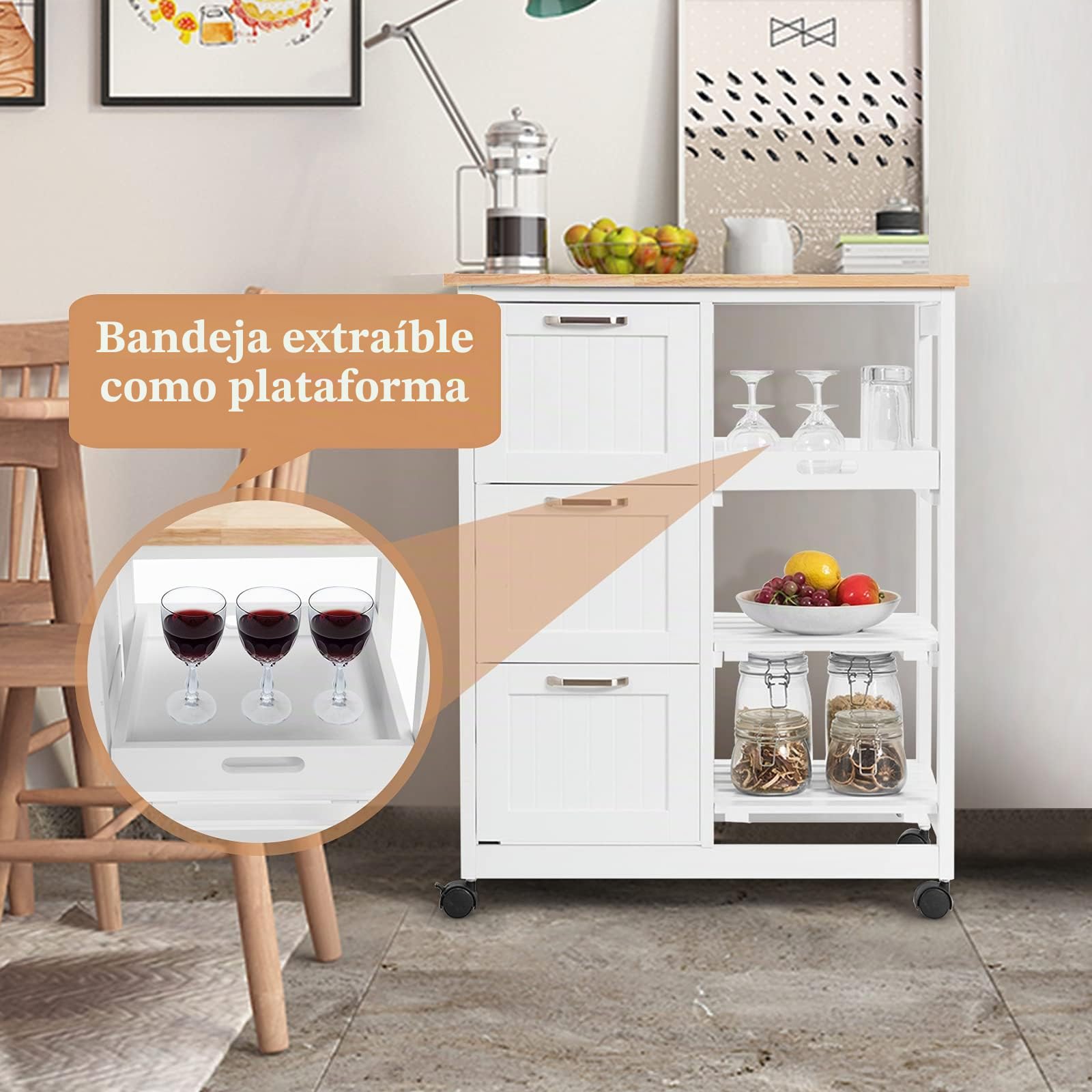 GOPLUS Carro de Cocina con Ruedas con 3 Cajones y 3 Niveles, Carrito de Cocina de Madera con 1 Bandeja Extraíble y Freno, Ideal para Cocina, Salón, Pasillo, 67 x 37 x 83,5 cm, Blanco y Natural