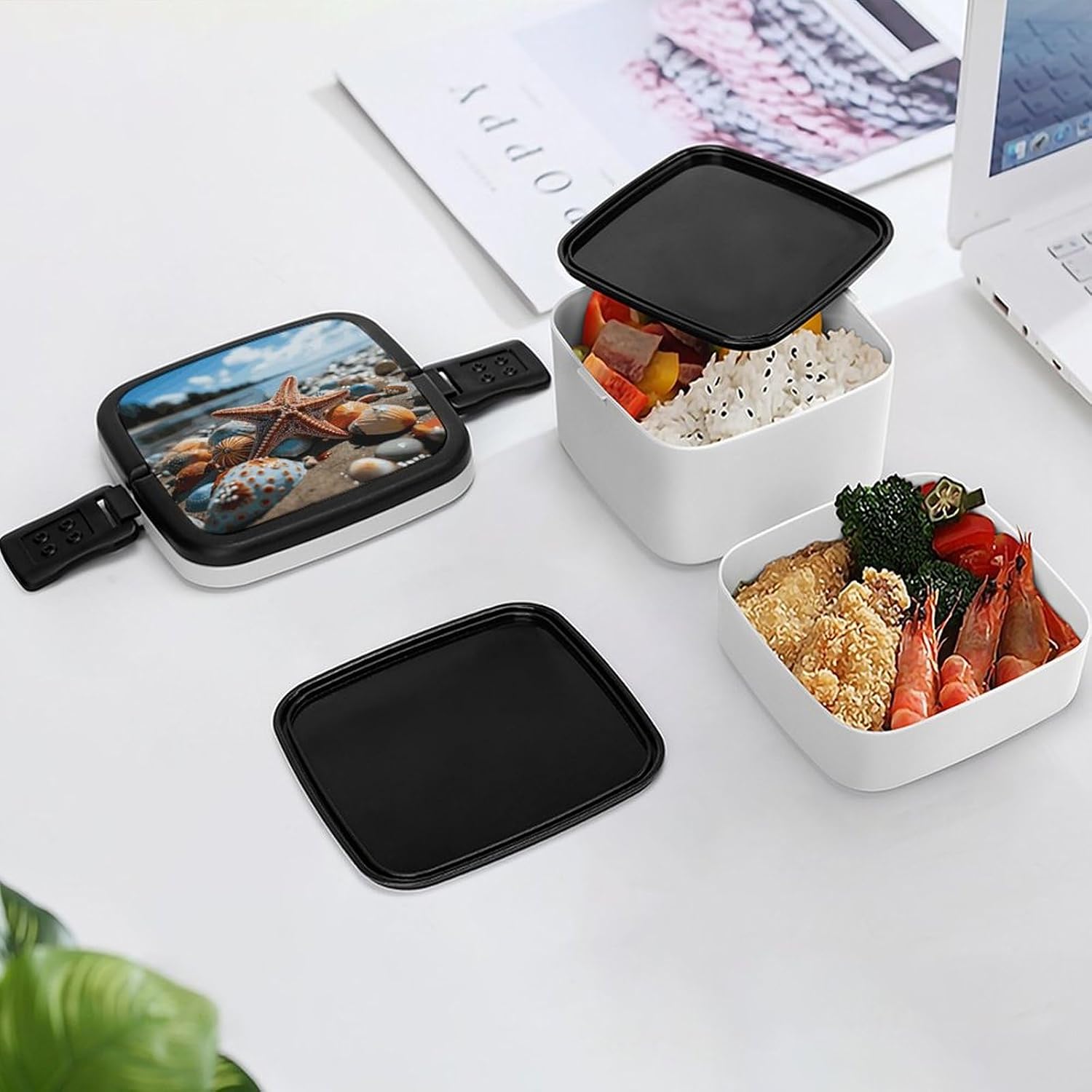 Bento Box with Spoon And Handle Colorful Starfish on The Beach Printed Stackable Bento Box Portable Bento Lunch Box Container for Work Camping And Travel