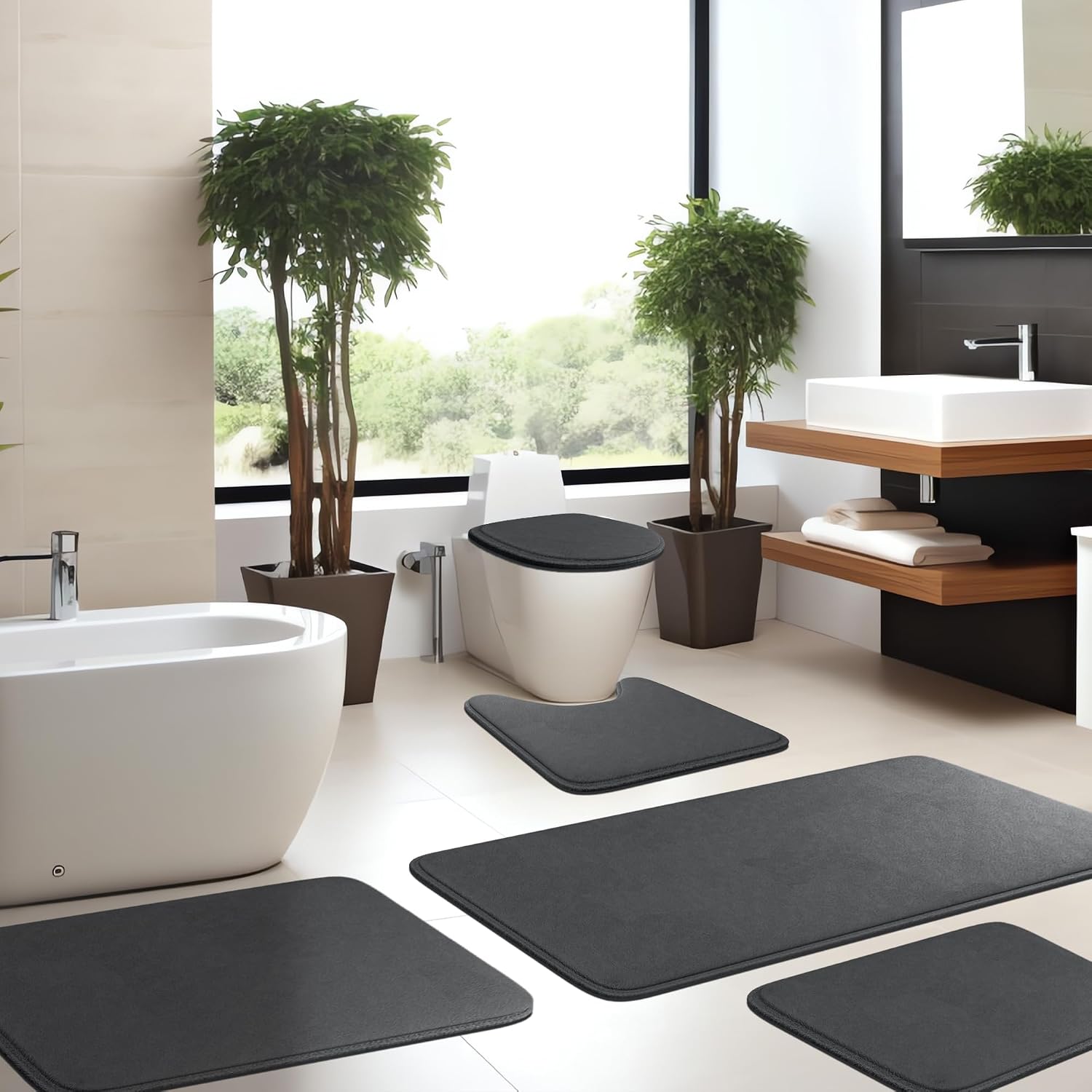 5-Piece Memory Foam Bathroom Rug Set, Non-Slip - Charcoal image 3