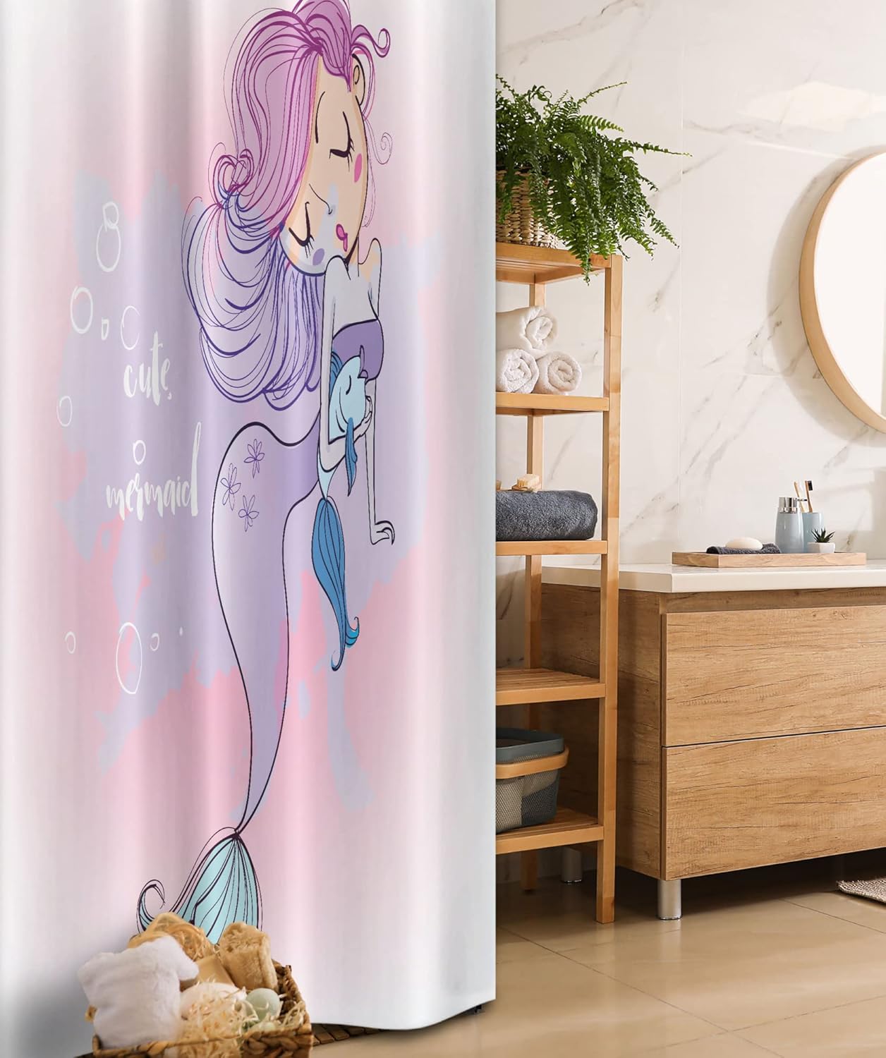 Ambesonne Underwater Stall Shower Curtain, Cartoon Illustration Lettering Mermaid Smiling Glamour Beauty Print, Fabric Bathroom Decor Set with Hooks, 54" W x 78" L, Multicolor