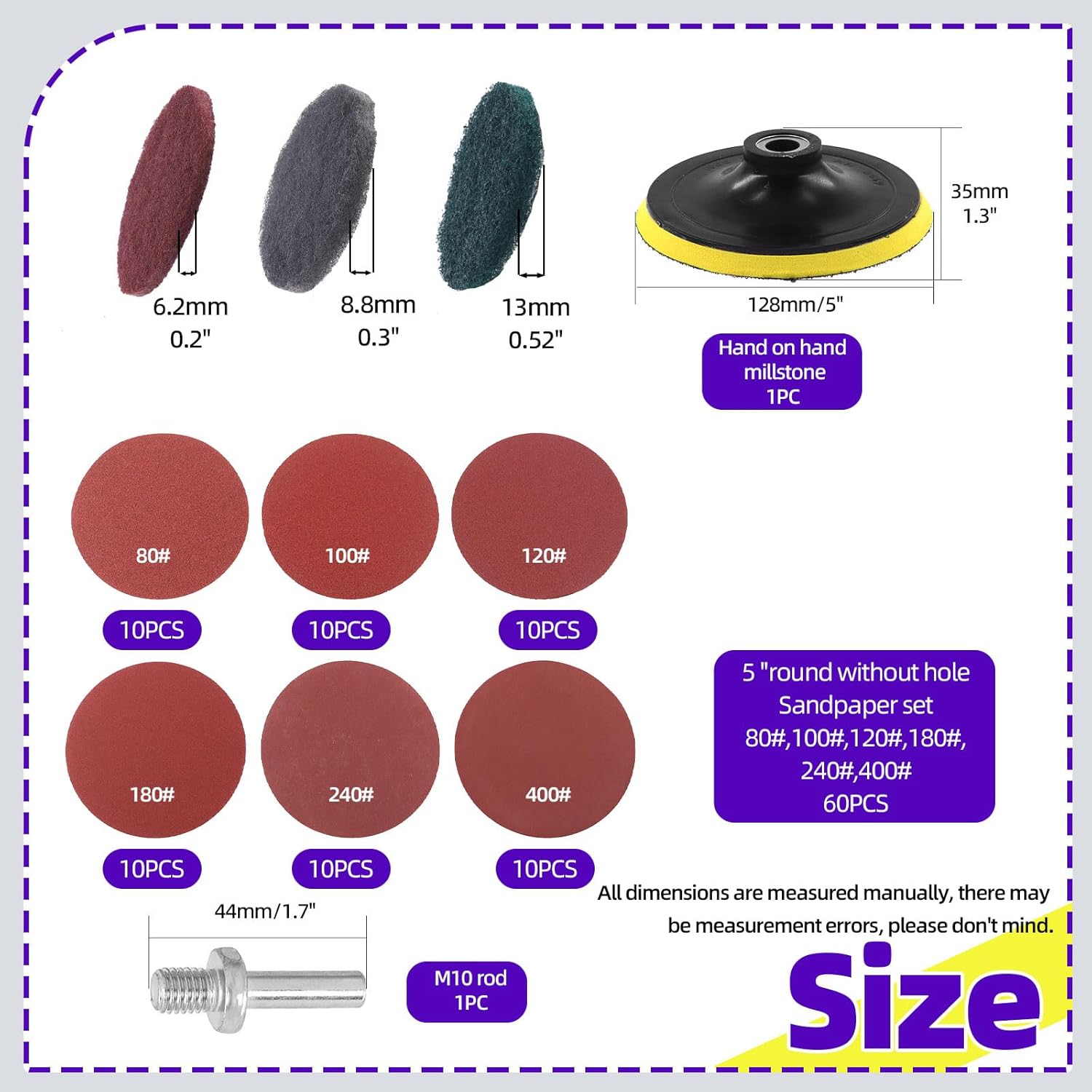 Swpeet 5 Inch Sanding Discs Pad Assorments Set, 5 Inch Hook and Loop Backing Pad with 80 100 120 180 240 400 Grit Sanding Discs and 1/4 Inch Shank, Sandpaper Disc Kit for Drill Grinder Rotary Tools