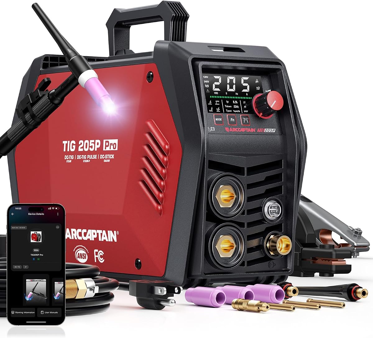 ARCCAPTAIN TIG 205P Pro Pulse Welder, 5 In 1 Welding Machine, 120V/240V | APP Conrtrol / DC TIG, Pulse TIG, Lift TIG, Spot TIG, MMA / 2T 4T / LED Dispaly / Supports 5-Pin Foot Pedal / Smart Fan