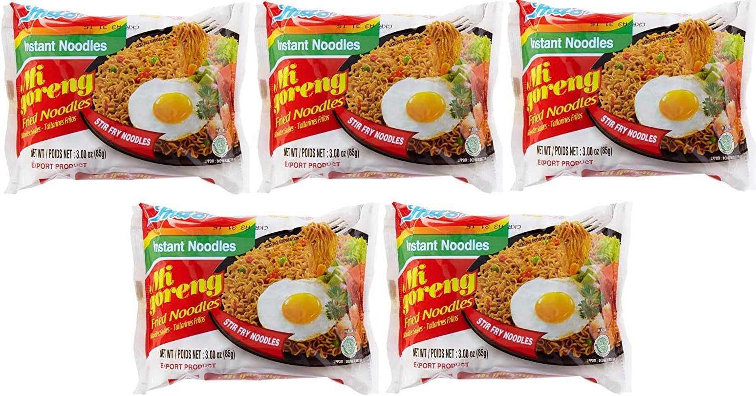 IndomieMi Goreng Instant Stir Fried Noodles, Halal Certified, Original Flavor (Pack of 5)