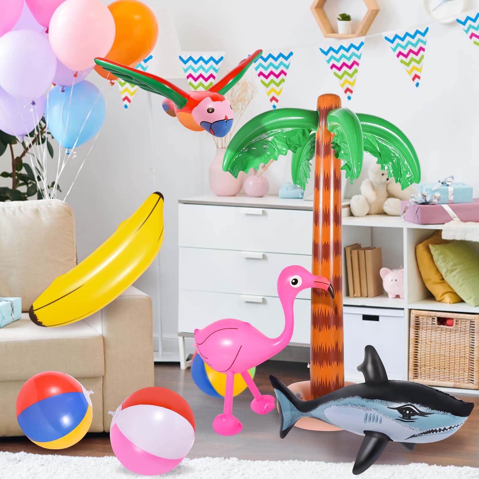 Aufblasbares Strand-Spielzeugset – 9-teilig, Mit Palme, Flamingo, Delphin & Bällen – Für Poolparty & Sommer
