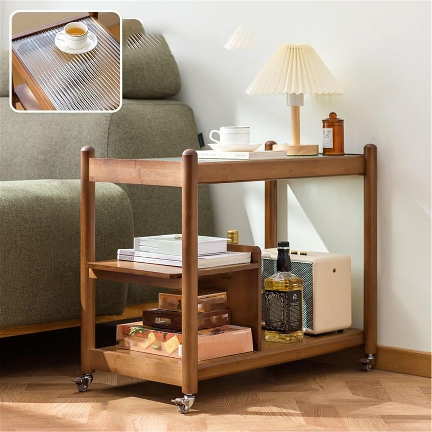 2-Tier Narrow Side Table on Wheels, Modern Bamboo Coffee Table with Glass Shelf, Slim Freestanding Organizer for Living Room and Bedroom