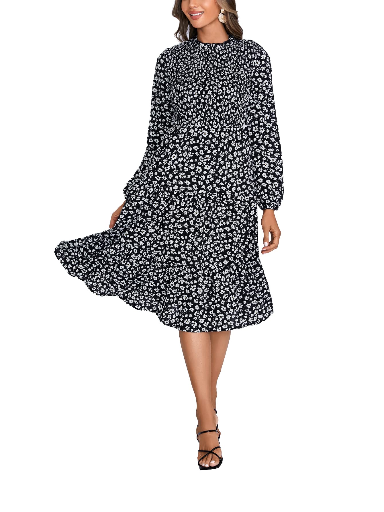 Frill Mock Neck Ruffled Cap Sleeve Midi Dress