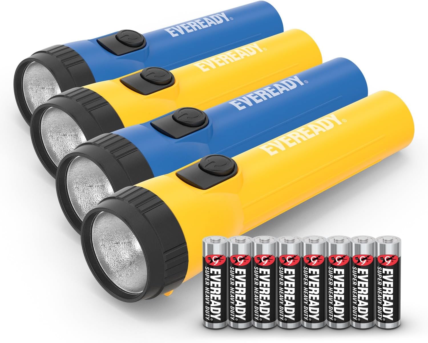 LED Flashlights (4-Pack), Bright Flashlights for Emergencies and Camping Gear, Flash Light with AA Batteries Included, Blue/Yellow (4-Pack)