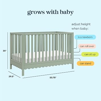 Davinci Sammy Scallop 4-in-1 Convertible Baby Crib, Light Sage | GREENGUARD Gold Certified, Converts to Toddler Bed & Daybed & Full-Size Bed, 4 Adjustable Mattress Heights - Easy to Assemble