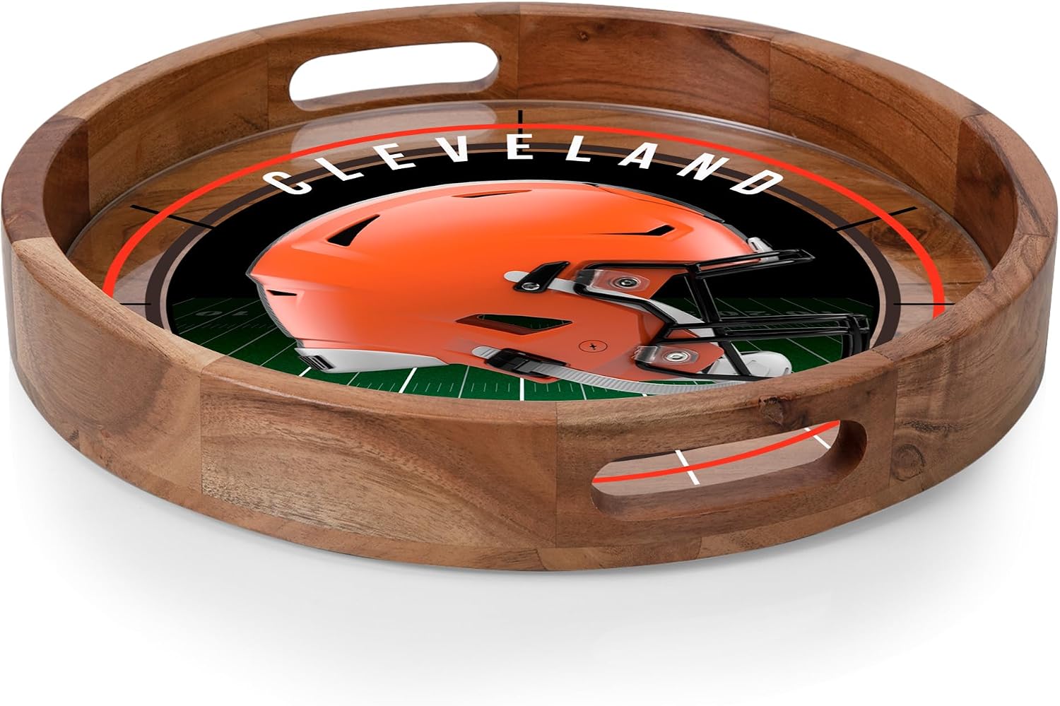 PICNIC TIME NFL Barista Serving Tray with Glass Insert, Round Acacia Wood Cheese Board, Serving Platter with Handles, (Acacia Wood)