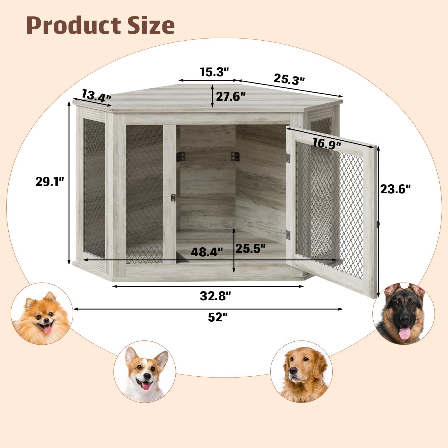 PUKAMI 52 inch Corner Dog Crate Furniture,Wooden Dog Kennel Furniture with Mesh,Decorative Wood Dog House for Small/Medium/Large Dog,Perfect for Indoor Limited Room