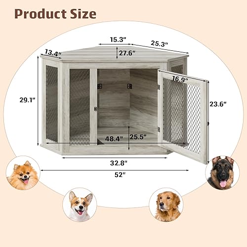 Miniatura 10 de PUKAMI Muebles de jaula de esquina para perro, muebles de madera para perrera de 4452 pulgadas con malla, casa decorativa de madera para uso en