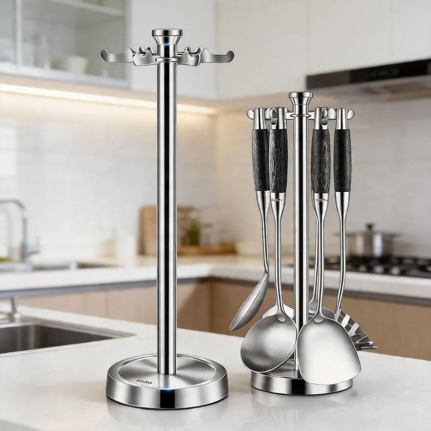Küchenhelfer-Set, 7-teiliges Kochbesteck-Set Aus Edelstahl Mit Halter Inkl. Wender, Pfannenwender, Löffel, Pastalöffel, Suppenkelle Und Servierlöffel Silver,One Size